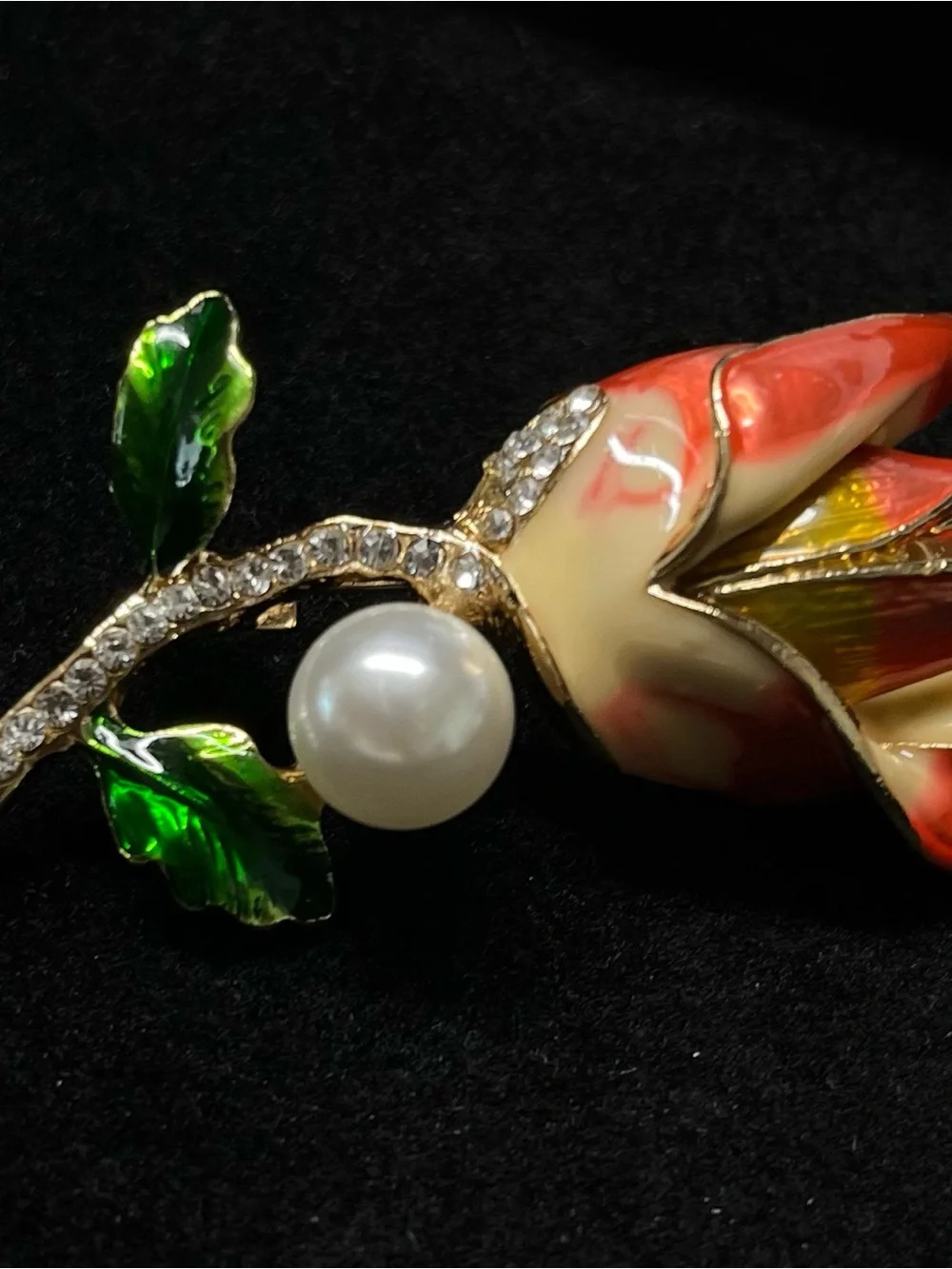Orange Enamel Tulip Flower Brooch Rhinestone Pearl Gold Tone